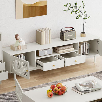 Farmhouse Rattan Wood TV Stand with 2 Drawers & Doors in Off White for TV up to 80"